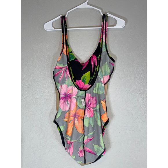 Speedo Black Tropical Floral One-Piece Swimsuit Womens 16 High Leg High Cut Neon - Picture 5 of 7